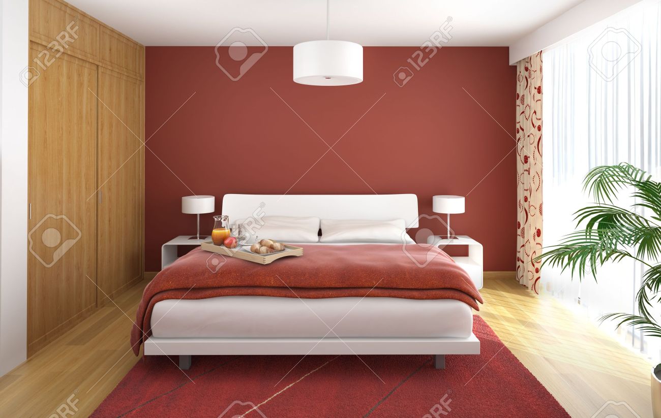 Interieur ontwerp van moderne slaap kamer in het rood wit en hout ...