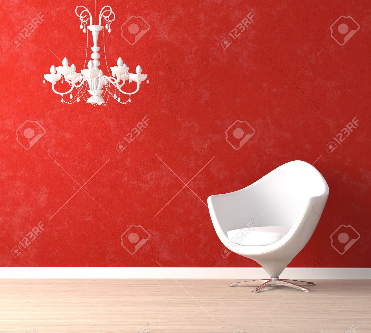 Banque dimages scène du design intérieur avec une lampe moderne fauteuil et rétro blanc sur rouge vibrante murale