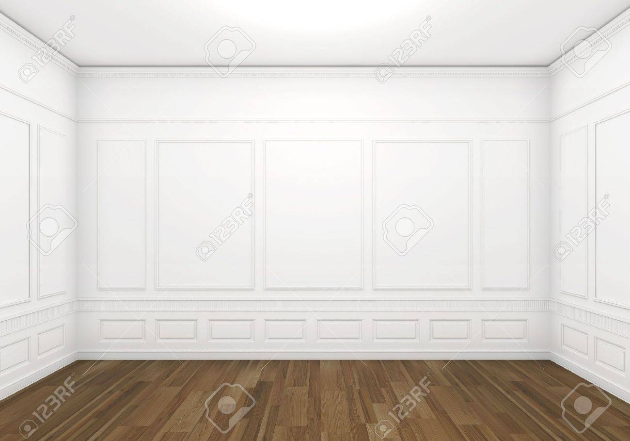 Chambre vide blanc classique avec plancher de bois, vue frontale ...
