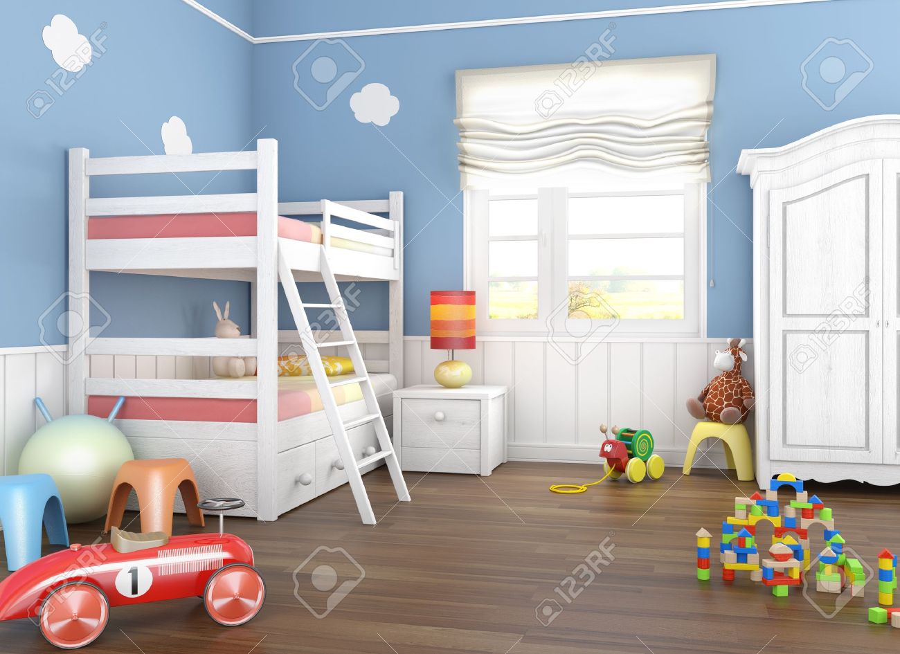 Kinder kamer in blauwe muren met stapel bed en een heleboel speel ...