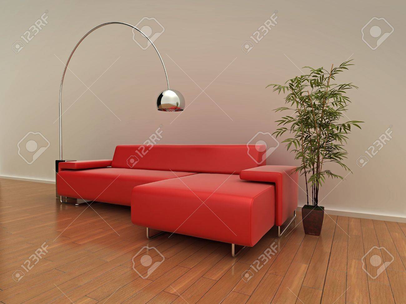 Illustration dun canapé moderne rouge lampe et lusine sur un