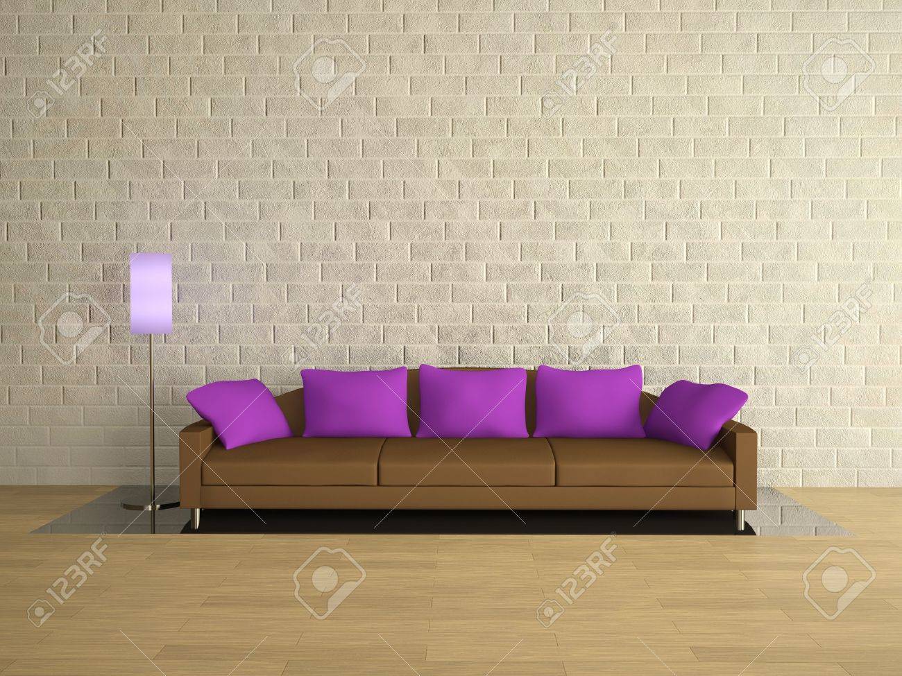 Brown sofa with lilac pillows near a brick wall stock photo ... Lila sofa