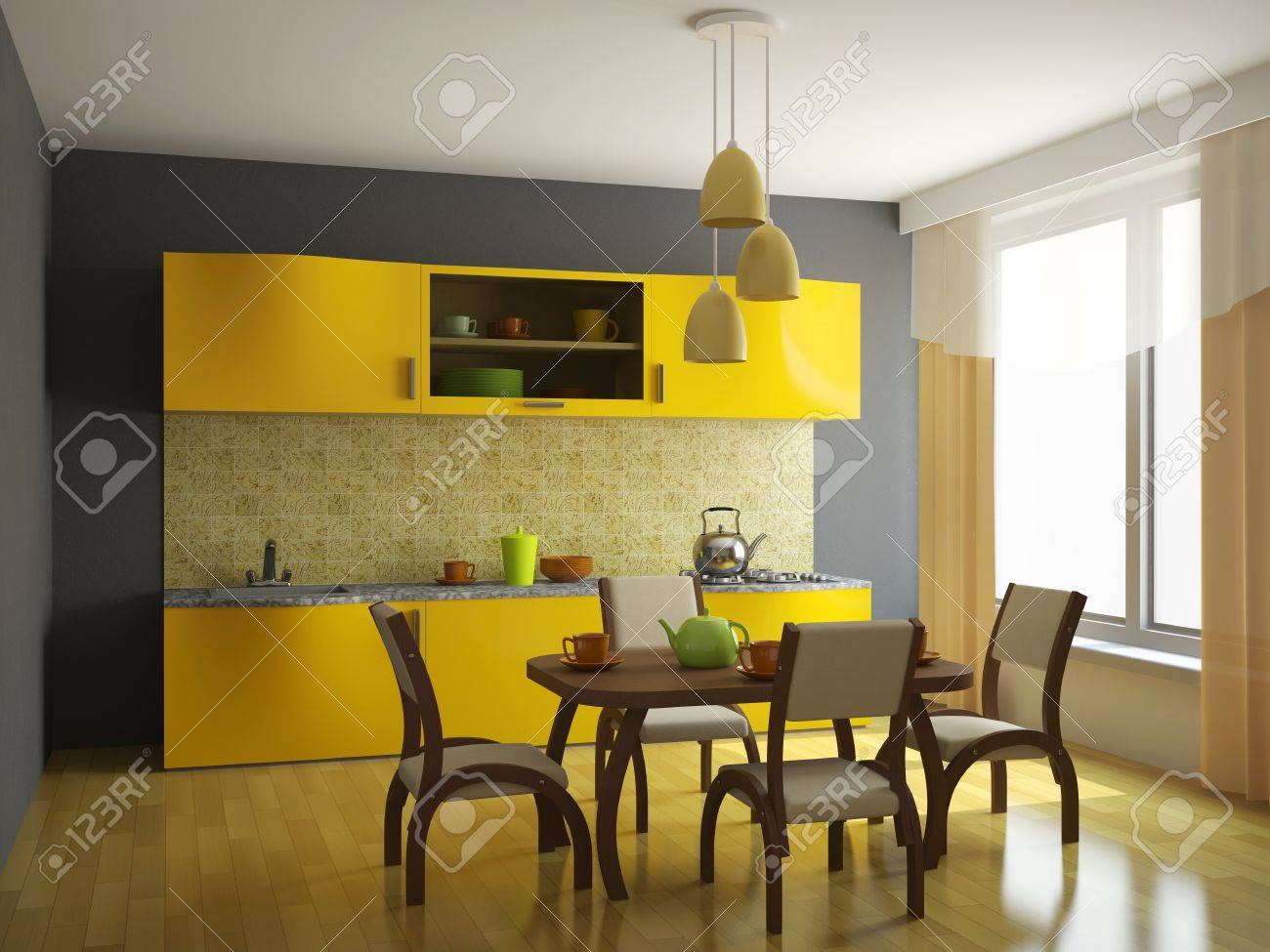 Cuisine avec des meubles d'orange et une fenêtre banque d'images ...