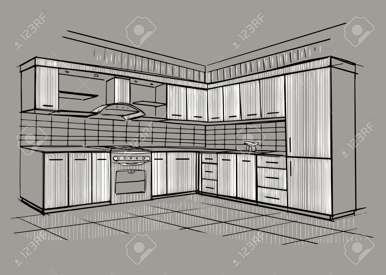 Croquis intérieur moderne de coin cuisine. conception maison ...