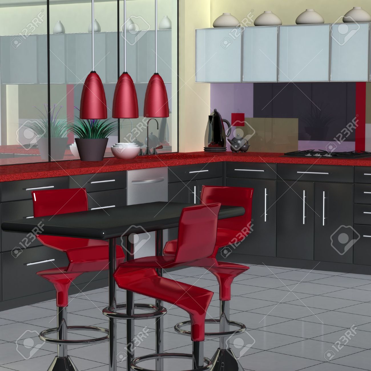 Cuisine moderne en rouge, noir et blanc banque d'images et photos ...