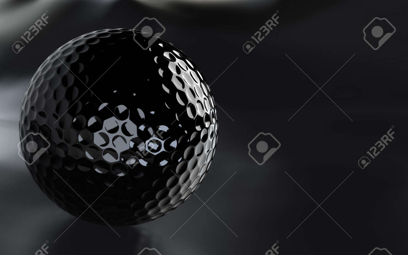 Detaillierte 3d rendern ein schwarz, hochglanz golf ball über eine ...