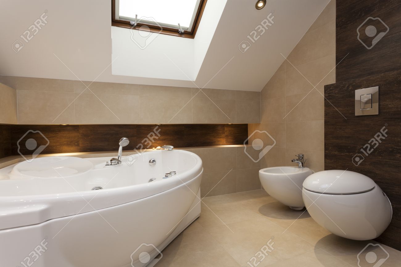 Salle de bain moderne avec baignoire, bidet et wc banque d'images ...