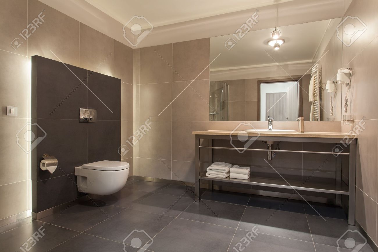 Woodland hotel inre av ett modernt grått badrum royalty fria ...
