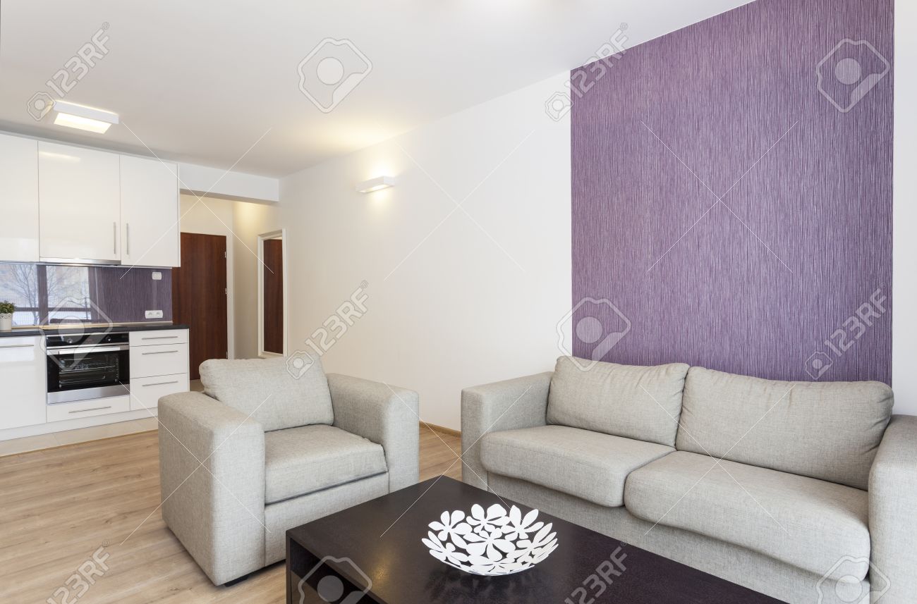 Gezellige flat grijs zitbank in wit en violet woonkamer royalty ...
