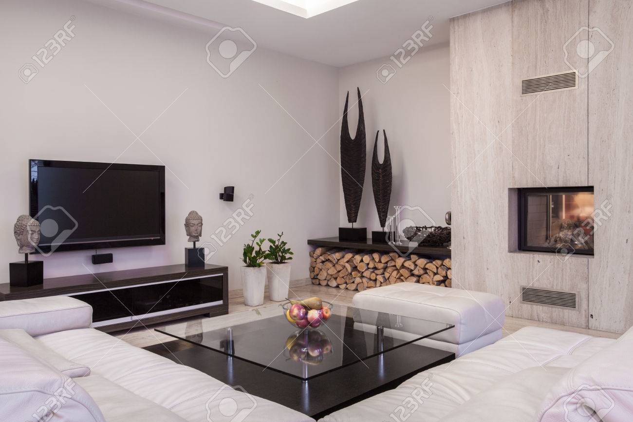 Salon avec télévision à écran plasma et d'une cheminée banque d ...