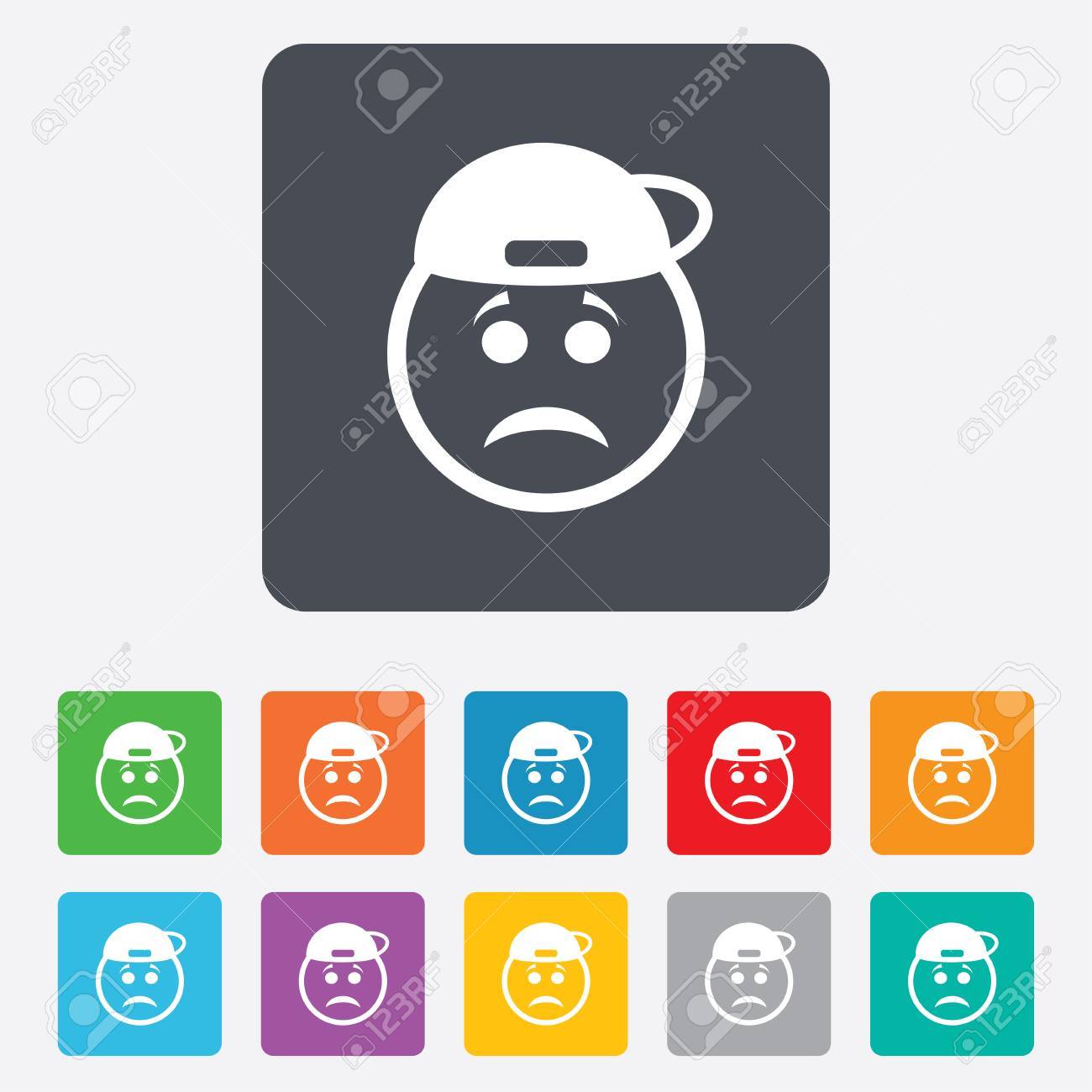 Foto de archivo , Triste signo icono cara rapero. Tristeza símbolo depresión de chat. Cuadrados redondeados 11 botones.