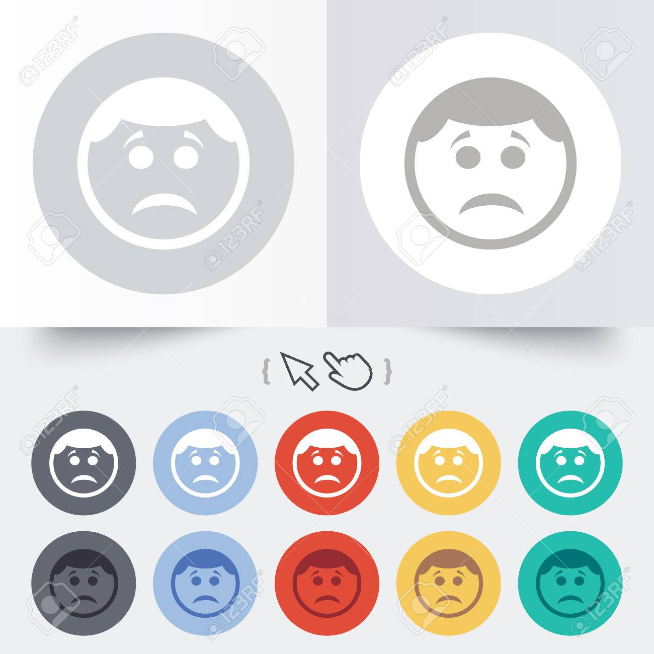 Foto de archivo , Triste signo icono cara. Tristeza símbolo depresión de chat. Ronda de 12 botones de círculo. Sombra. Puntero del cursor de la mano.