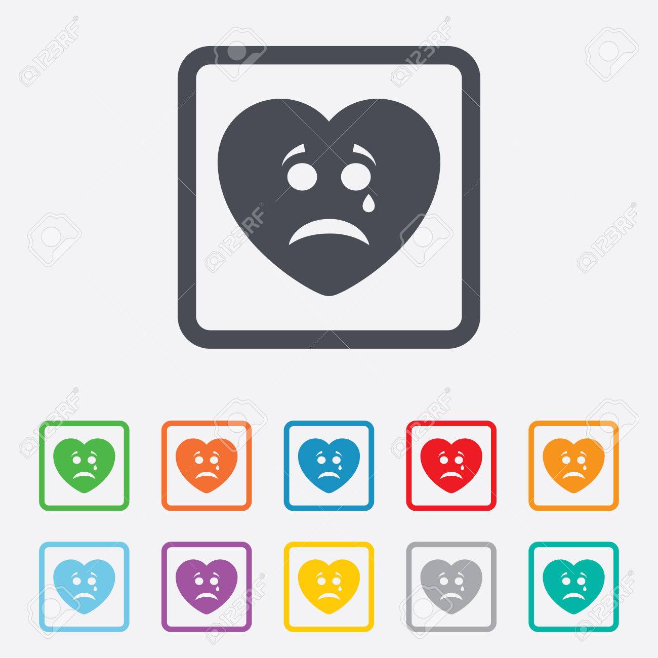 Cara del corazón triste con signo icono desgarro. Llorando sÃmbolo de chat. Cuadrados botones