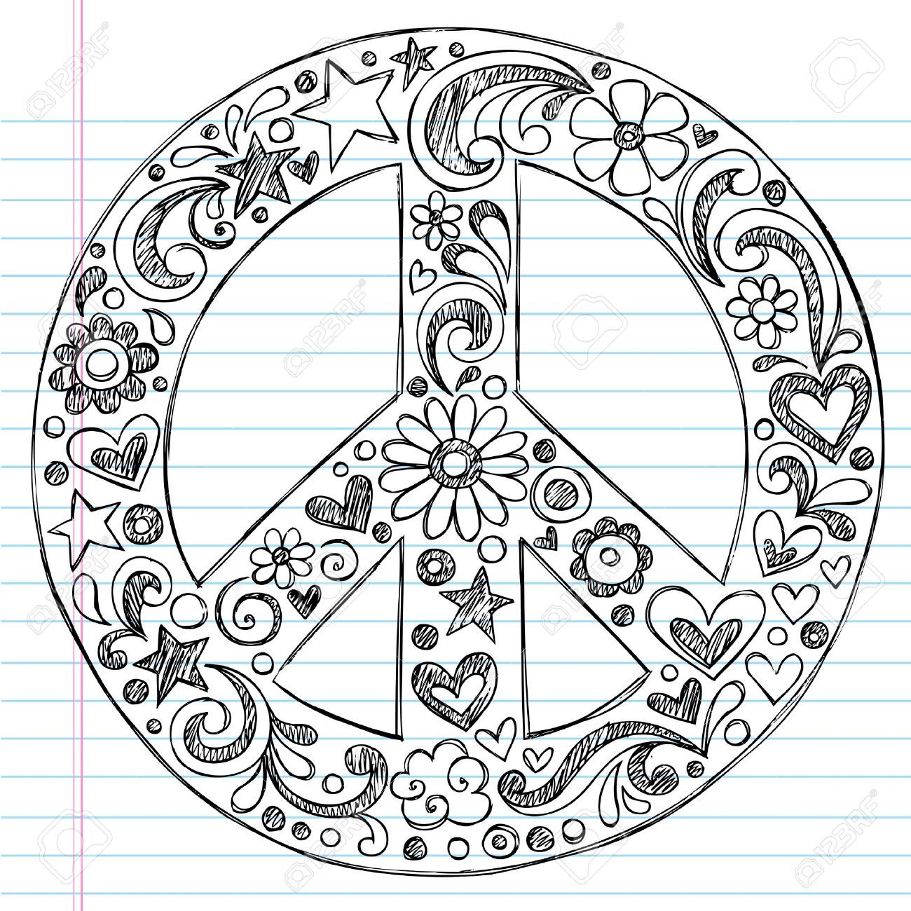 Hand Drawn Sketchy Peace Sign Doodle With Flowers Hearts And Stars On Lined Notebook Paper Backgroun