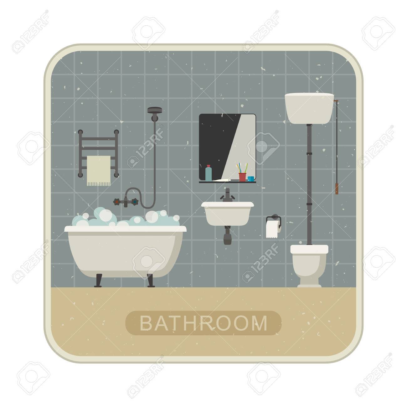 Badrum retro platt illustration med toalett, handfat och ...