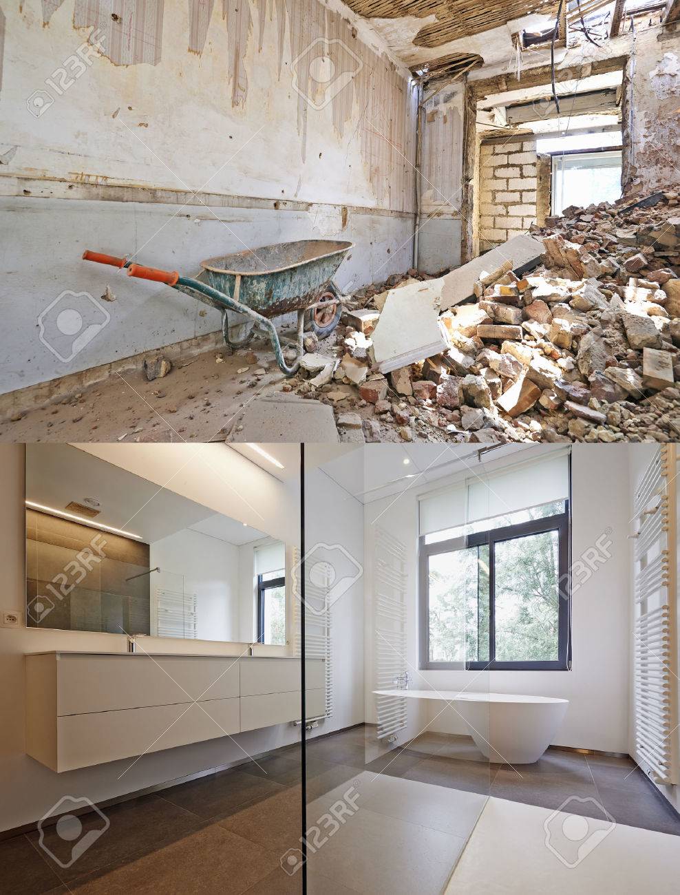 Badkar i corian, kran och dusch i kaklat badrum, renovering före ...