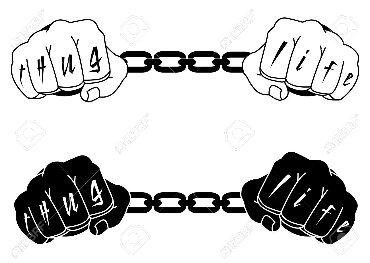 35767952 Male Hands In Steel Handcuffs With Thug Life Tattoo Black And White Illustration Isolated On White Stock Vect Thug Life Tattoo Black Tattoos Thug Life