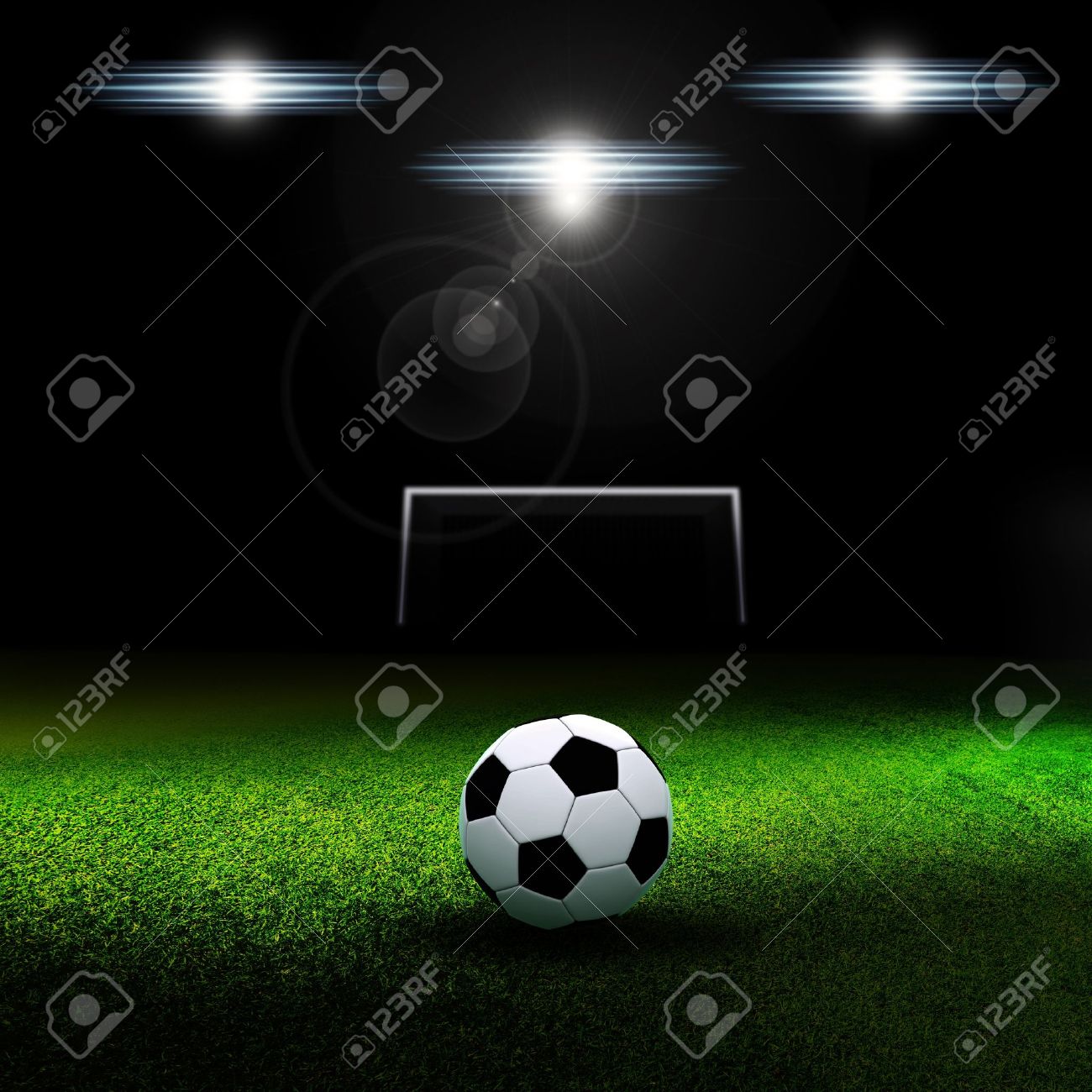 Soccer Ball On Grass Against Black Background Soccer Football Field