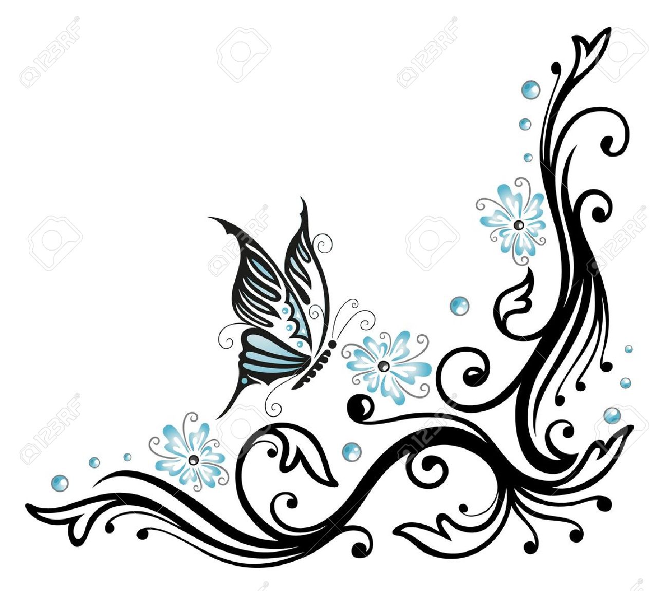 Schwarz Blaue Blumen Mit Schmetterling Tattoo Stil Black And Blue Tattoo Tattoo Style Blue Flowers