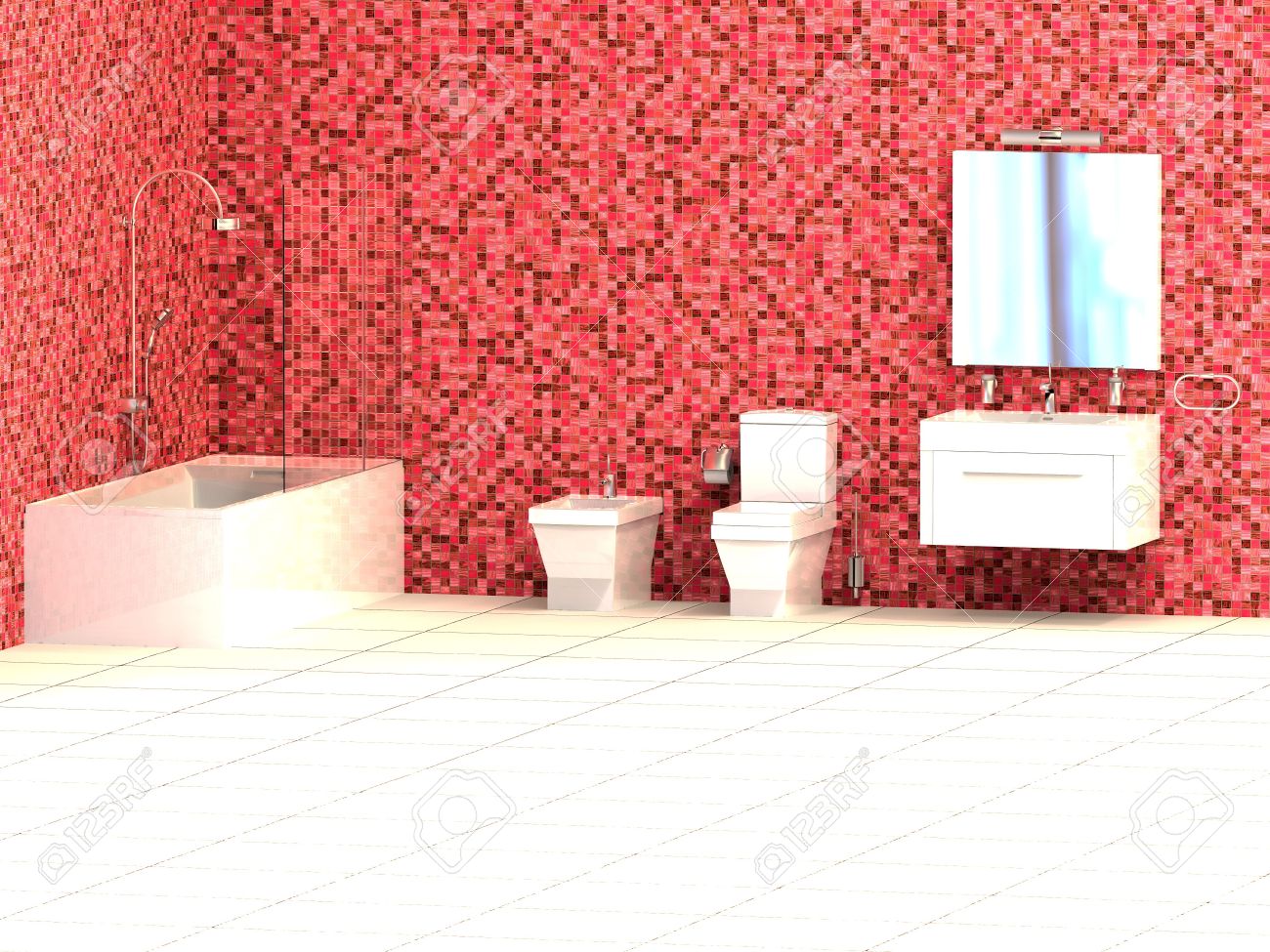 Salle de bain moderne avec des tuiles rouges mosaïque et plancher ...