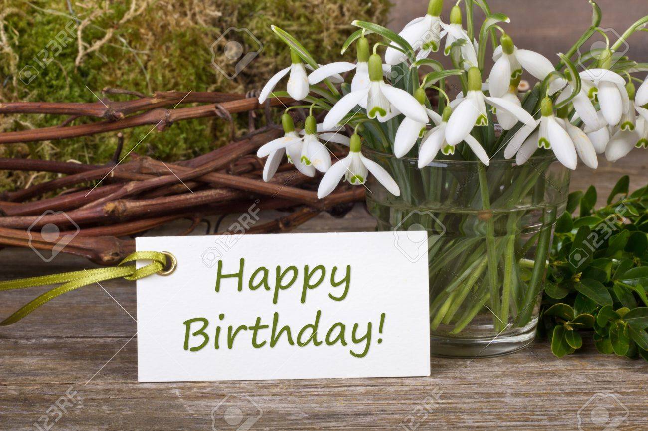 Joyeux anni. Perce neige 18404690-perce-neige-des-brindilles-et-des-cartes-avec-lettrage-anniversaire-Joyeux-Banque-d'images