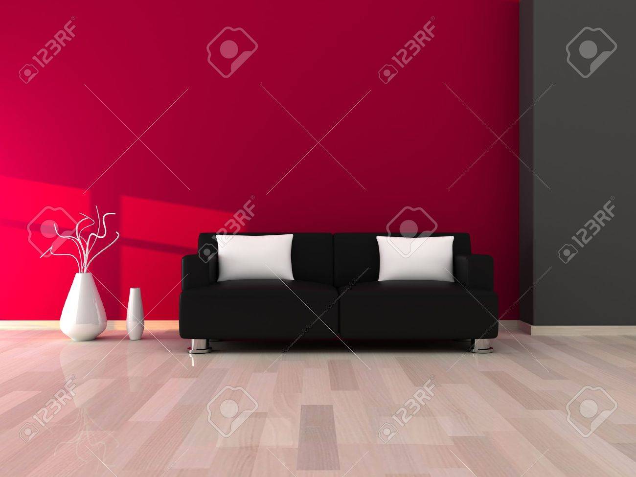 Intérieur de la chambre moderne, mur gris et rose et noir canapé ...