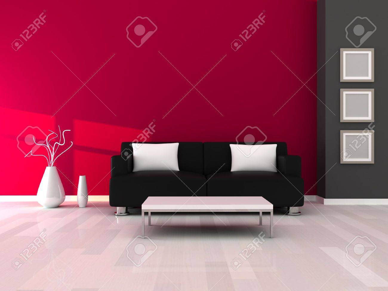 Innenraum der moderne zimmer, grau und pink wand und schwarz sofa ... Schwarz weiss zimmer