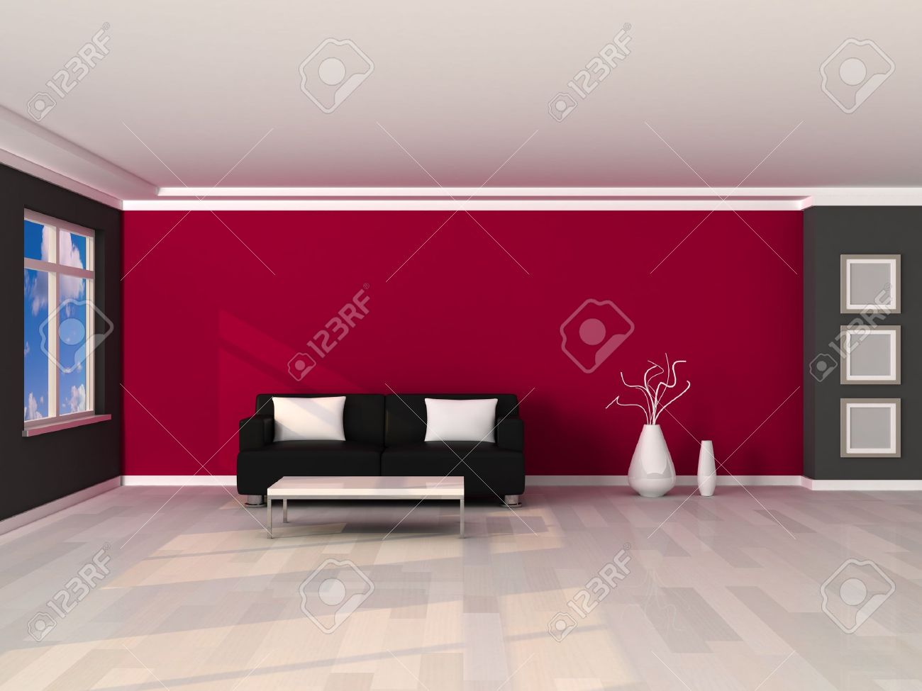 Intérieur de la chambre moderne, mur gris et rose et noir canapé ...