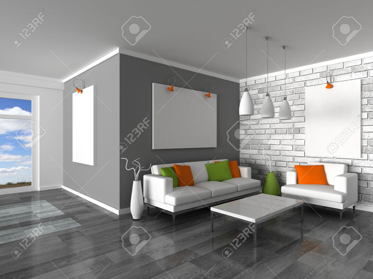 Intérieur des canapés de mur noir et blanc de chambre moderne ...