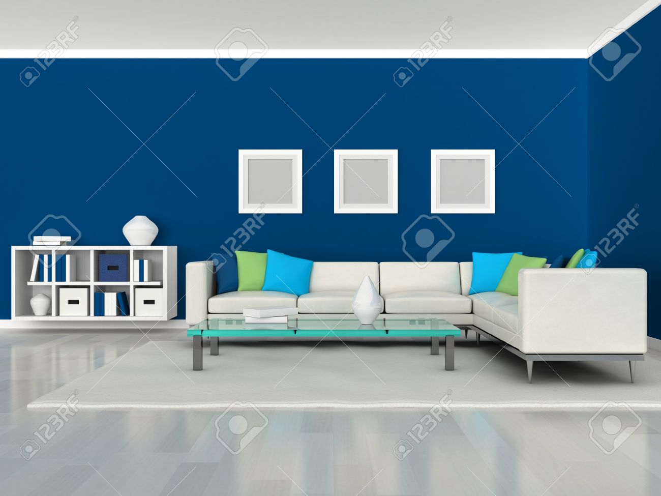 Interieur van de moderne kamer, blauwe muur en wit bank royalty ... Woonkamer wit grijs blauwe
