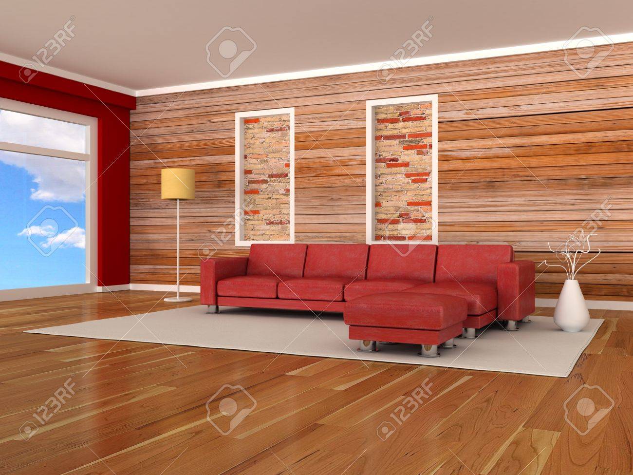 Intérieur de la chambre moderne, le mur de bois, le canapé rouge ...