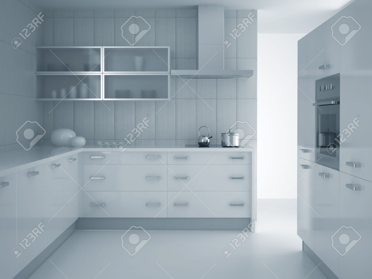 Rendu 3d de la cuisine moderne de bleu gris banque d'images et ...