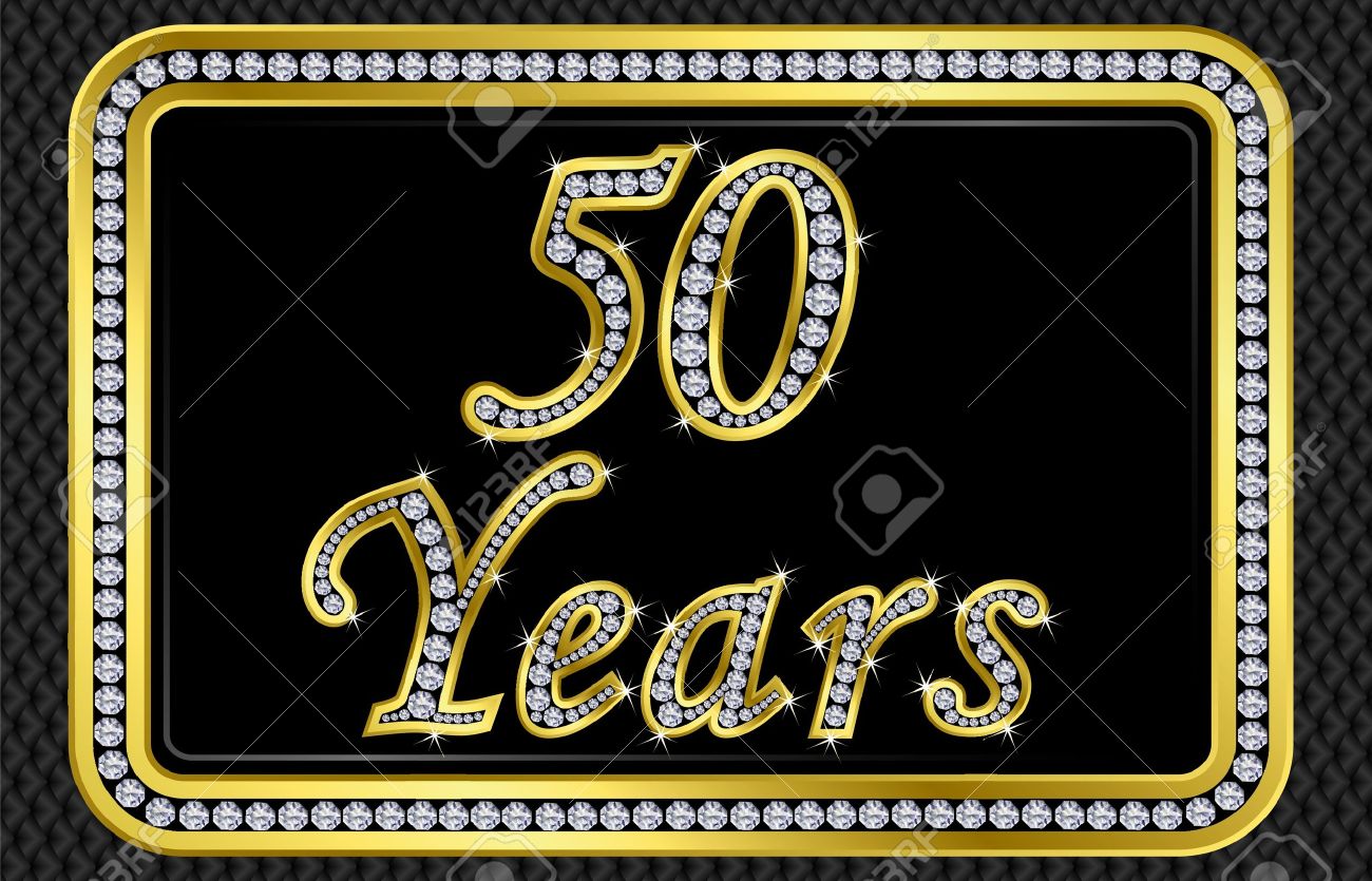 50 años de tarjeta de bodas de oro con diamantes, ilustración vectorial Foto de archivo