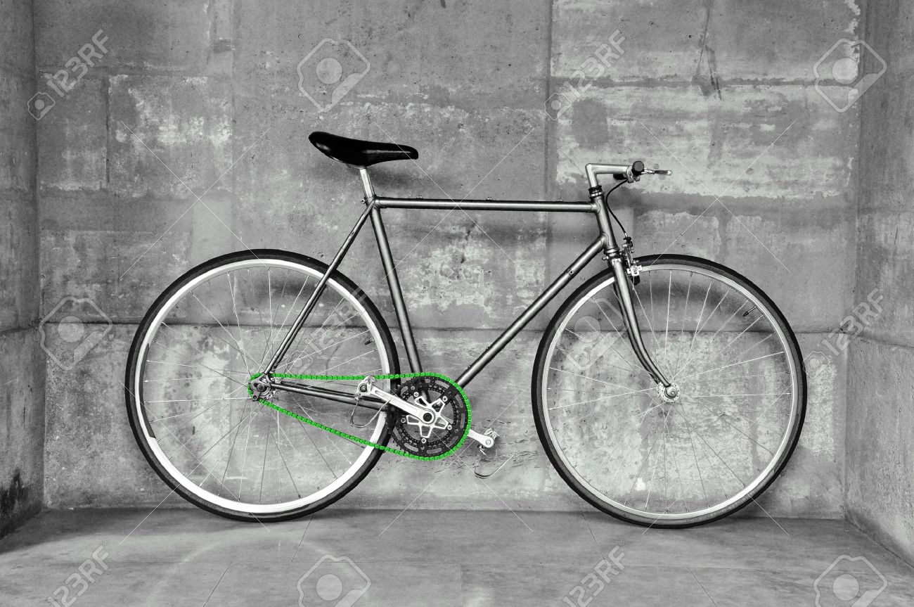 Vintage fixed gear fiets, zwart wit foto, groene ketting royalty ...