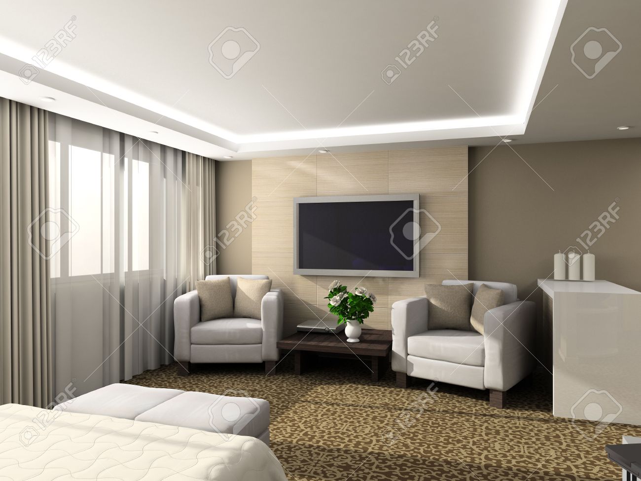 Modern design interieur van de slaapkamer. 3d render royalty vrije ...