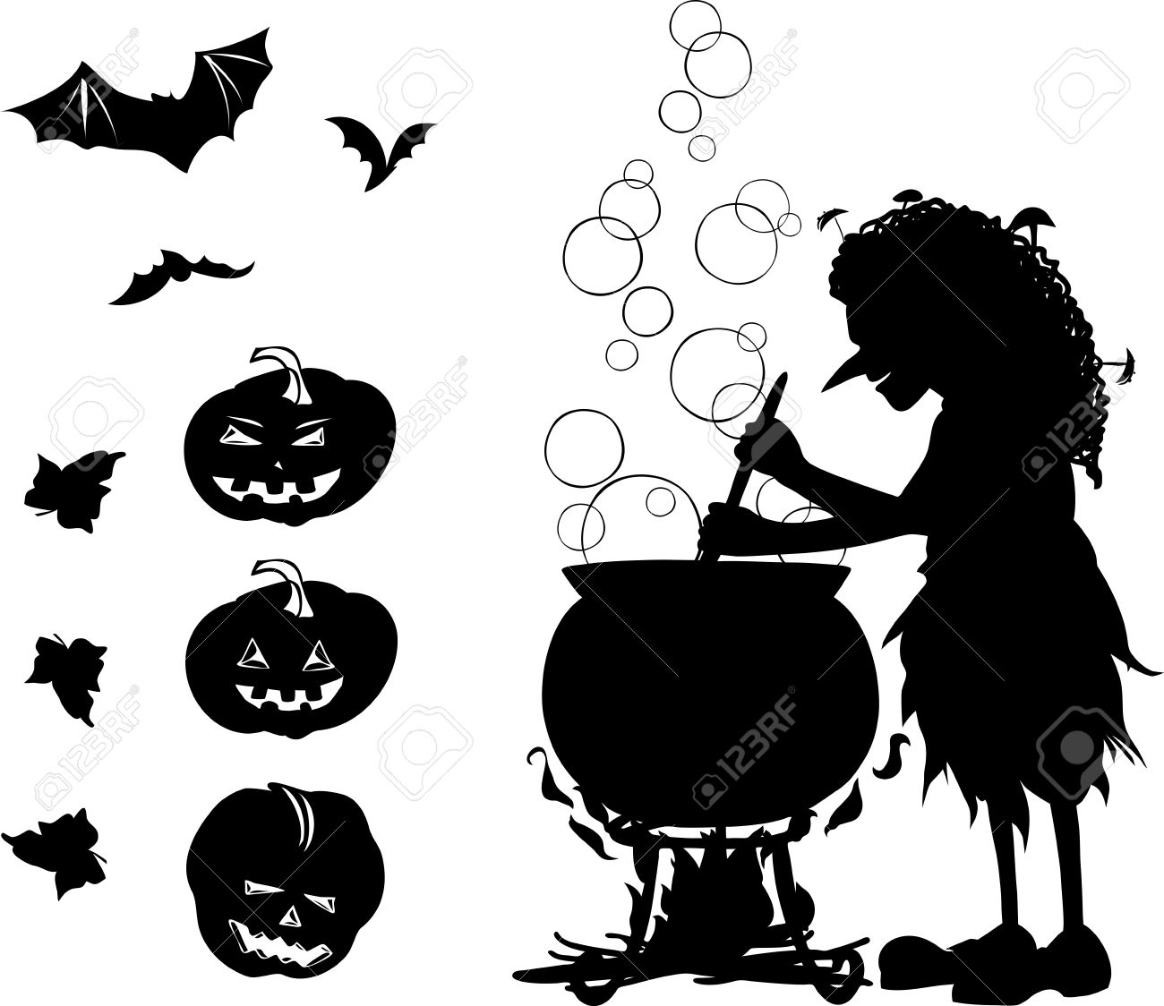 Foto de archivo , Halloween del negro de dibujos animados de un conjunto de colores con silueta de la vieja bruja que cocinar algo en su caldero,