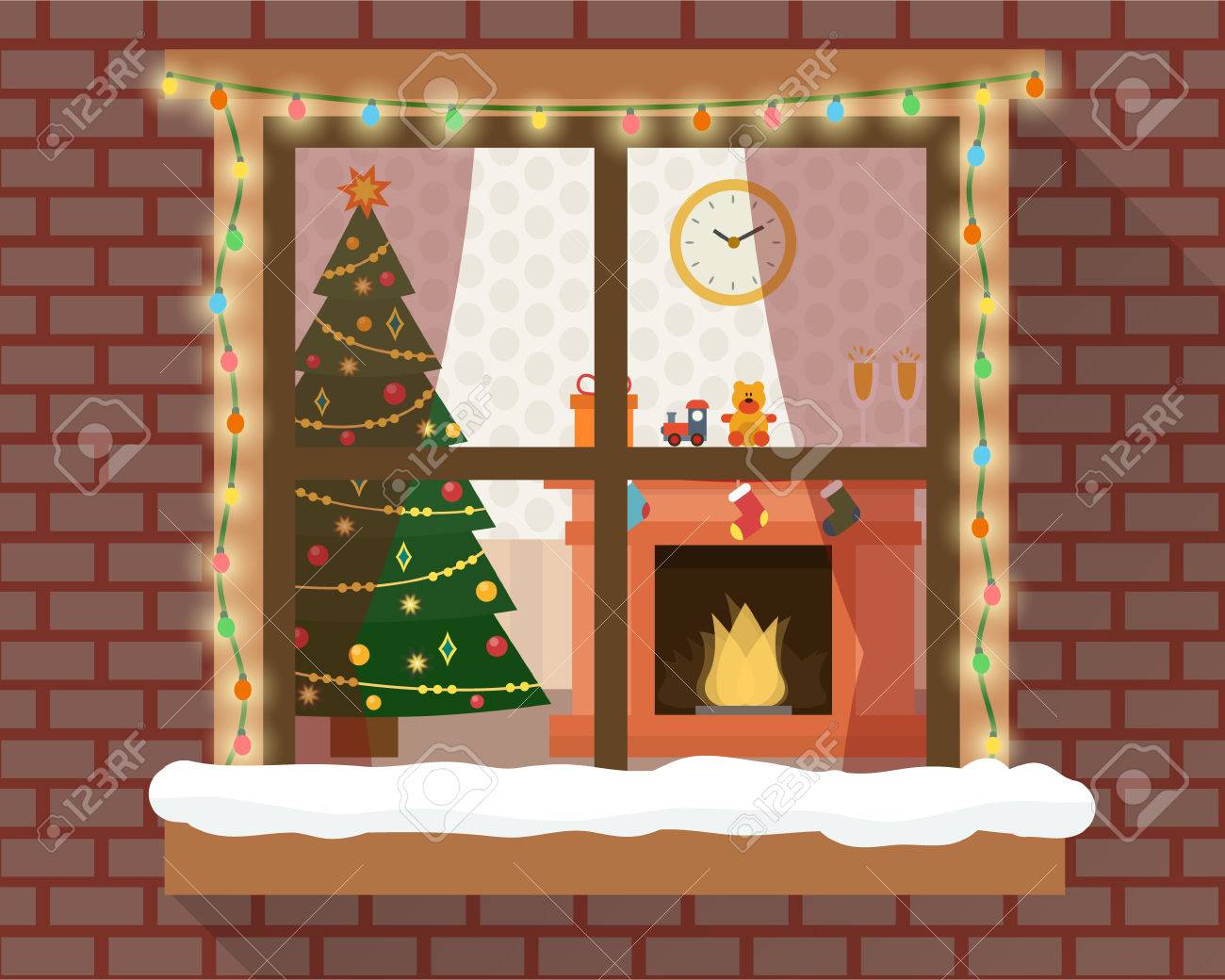 Natale sala con mobili, albero di natale e camino attraverso la ...