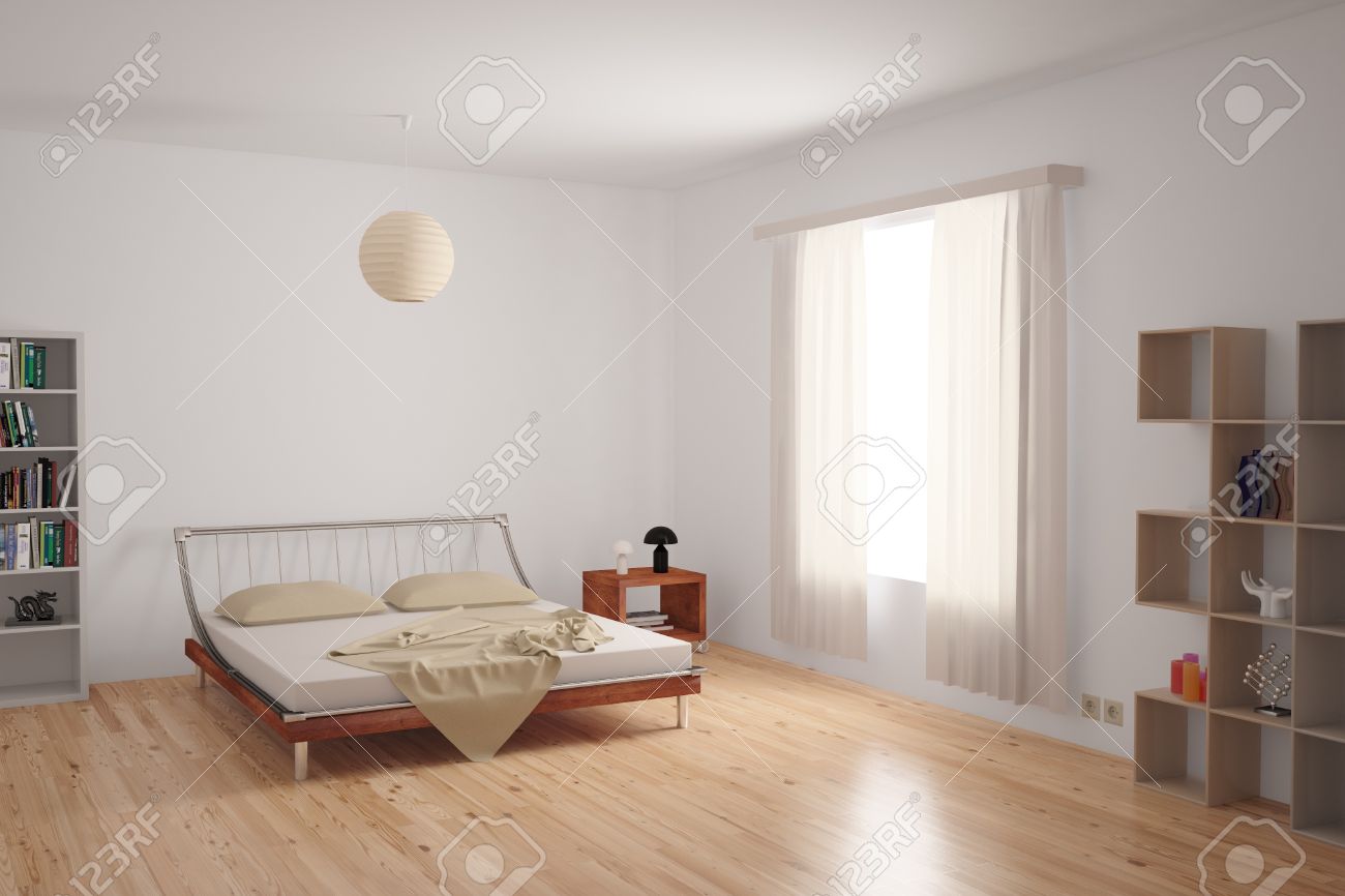 Moderna sovrum inredning med minimalistisk inredning i neutrala ...