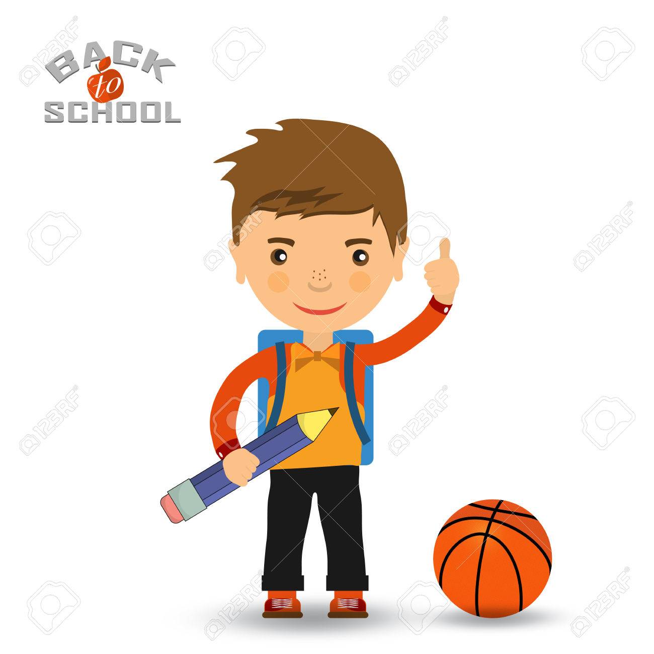 Back to school design. Vector illustration - schoolboy showing OK sign and a basketball Stock