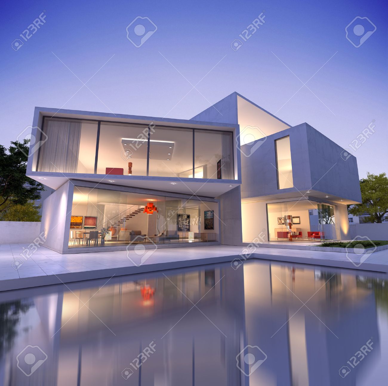 Vue extérieure d'une maison contemporaine avec piscine au ...