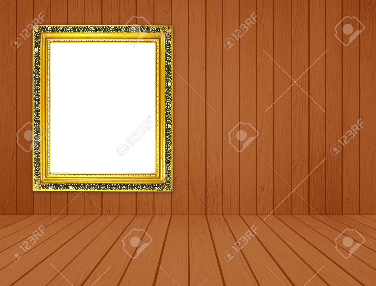 Cadre doré vide dans la chambre avec mur en bois blanc et plancher ...