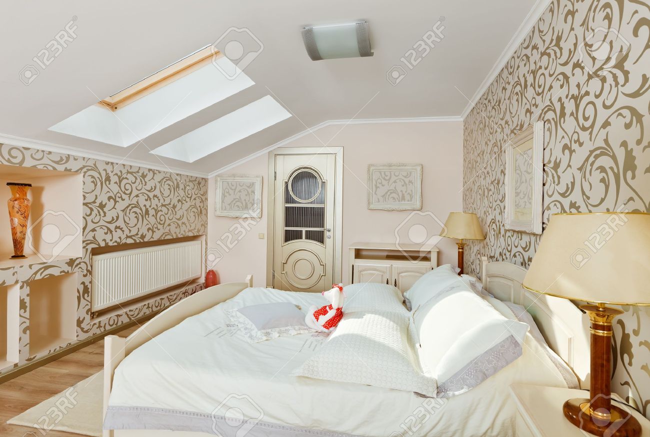 Slaap kamer interieur in moderne art deco stijl in licht beige ...