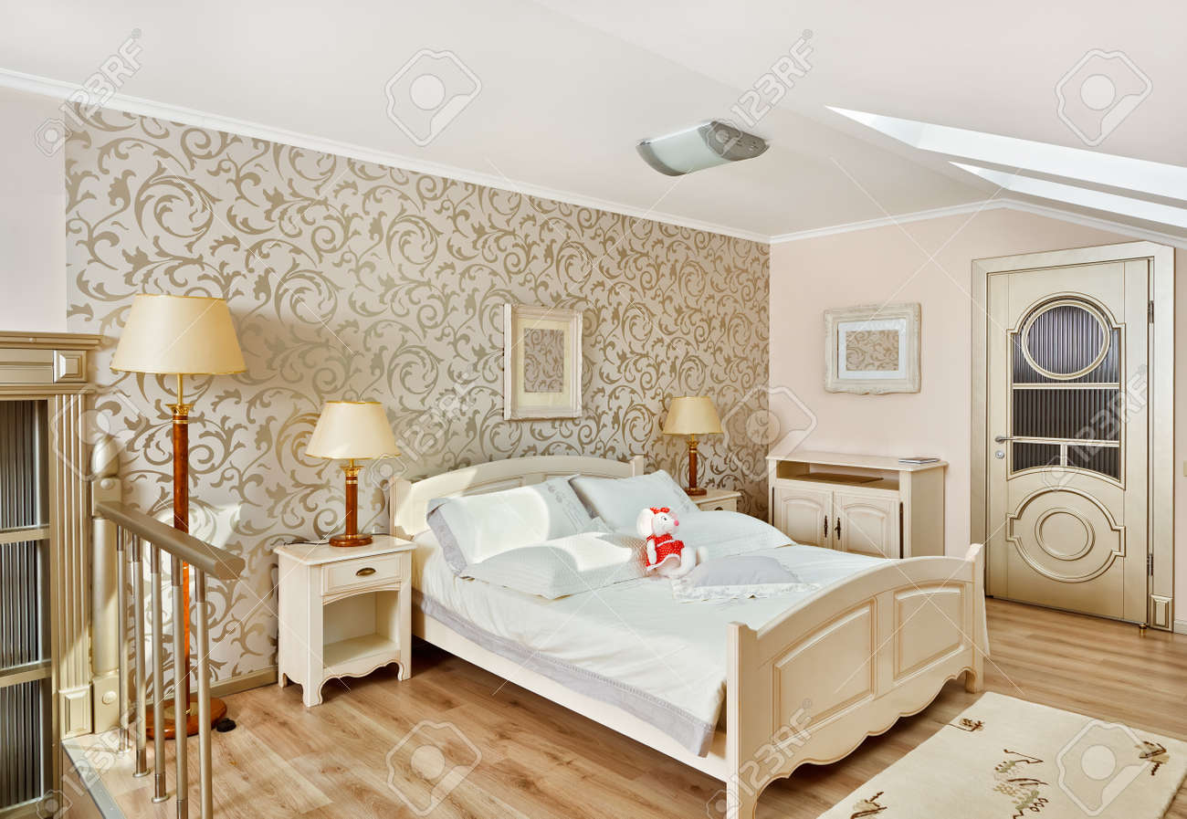 Moderne art deco stijl slaapkamer interieur in lichte beige ...