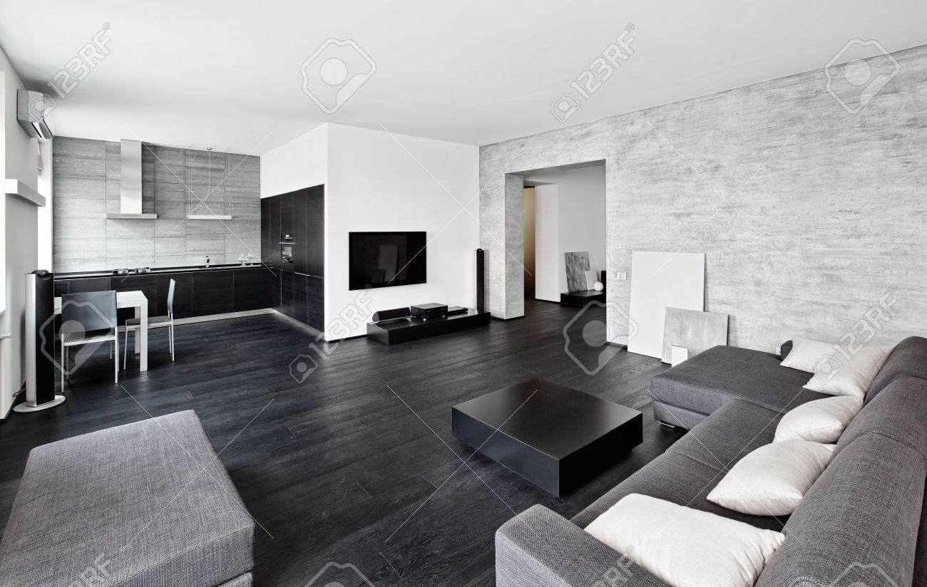 Moderne minimalistische stijl salon interieur in zwart wit tinten ...