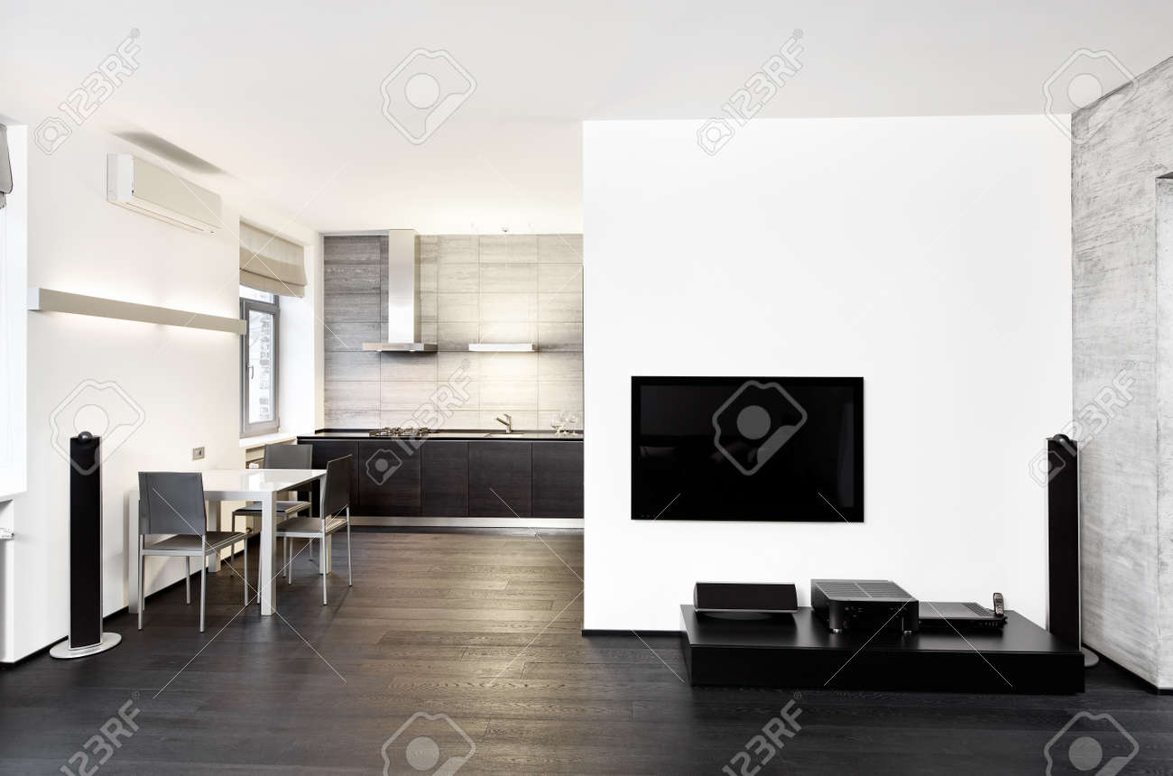 Moderne minimalisme stijl keuken en salon interieur in zwart wit ...