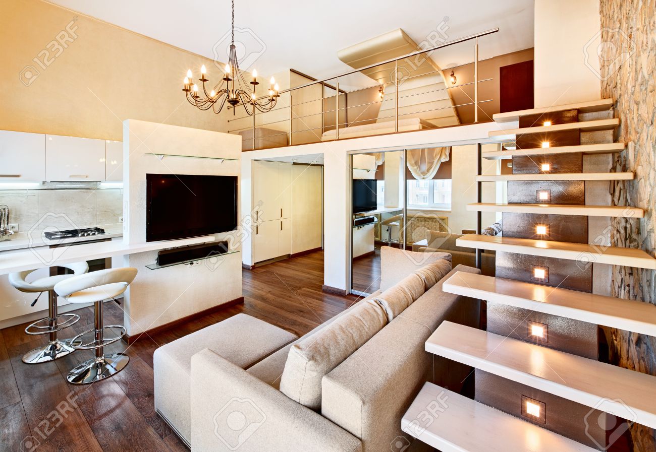 Modern minimalisme stijl twee hoog interieur salon met trap in ... Bruin beige slaapkamer