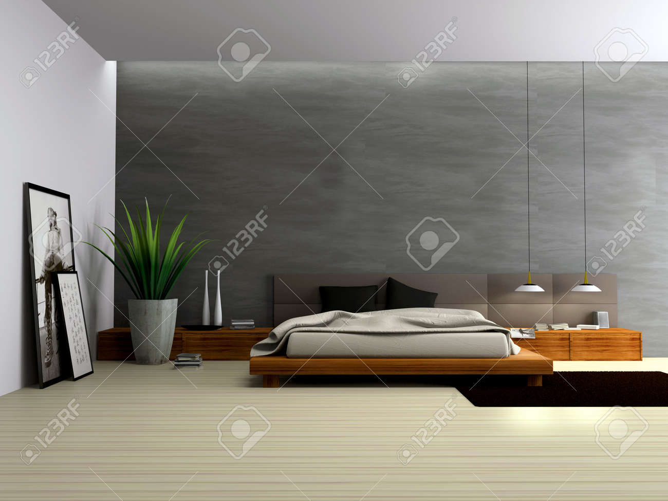 Intérieur de la chambre à coucher moderne de rendu 3d banque d ...