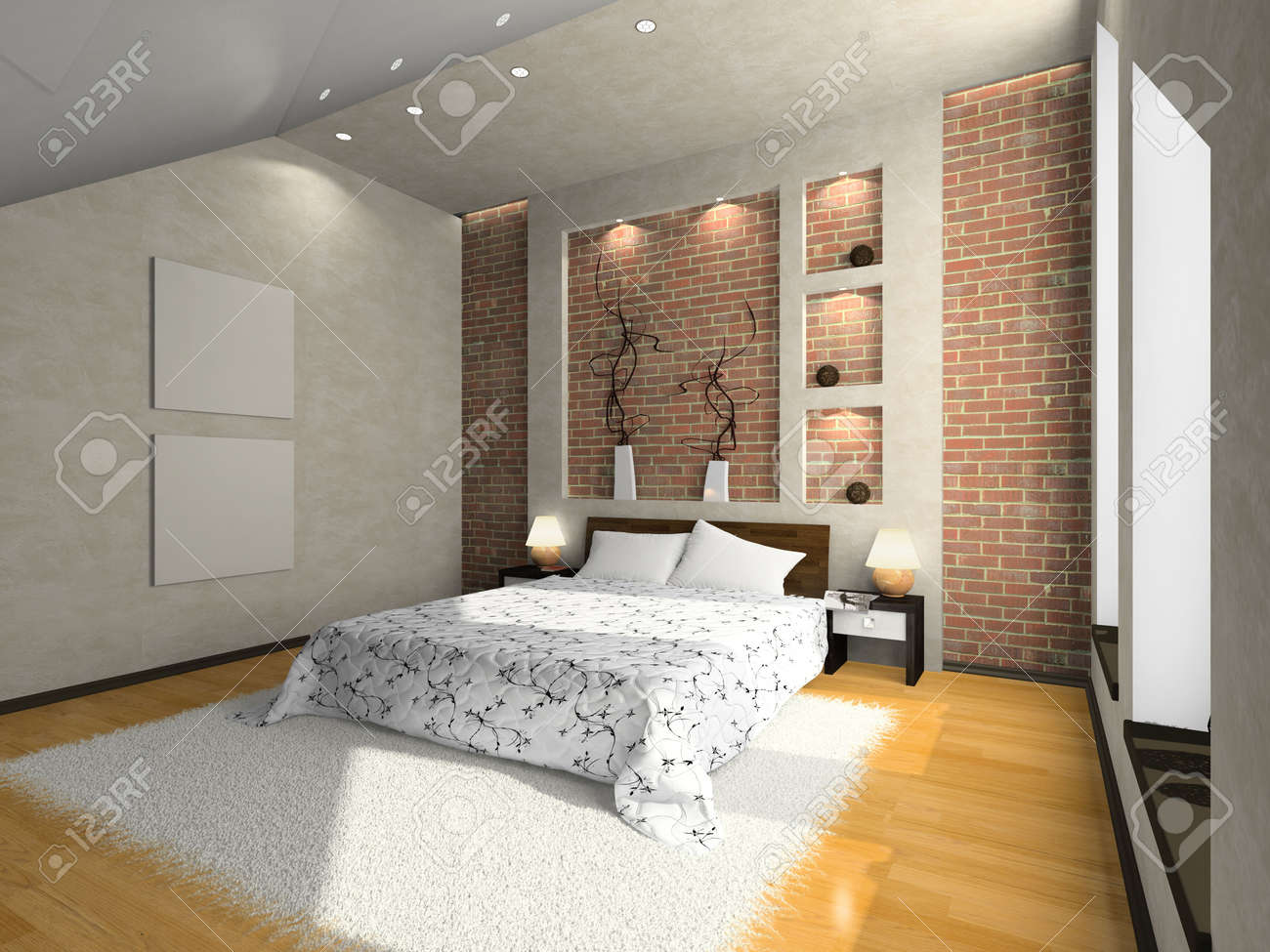 Vue sur la chambre à coucher moderne 3d. photo du magazine a été ...