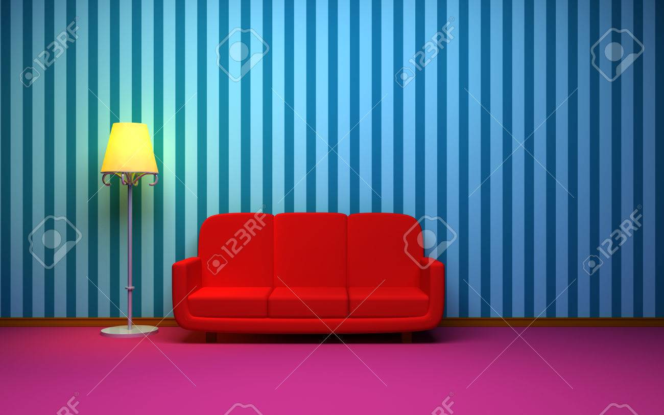 Ein zimmer im retro stil mit einem roten sofa und blau gestreiften ...