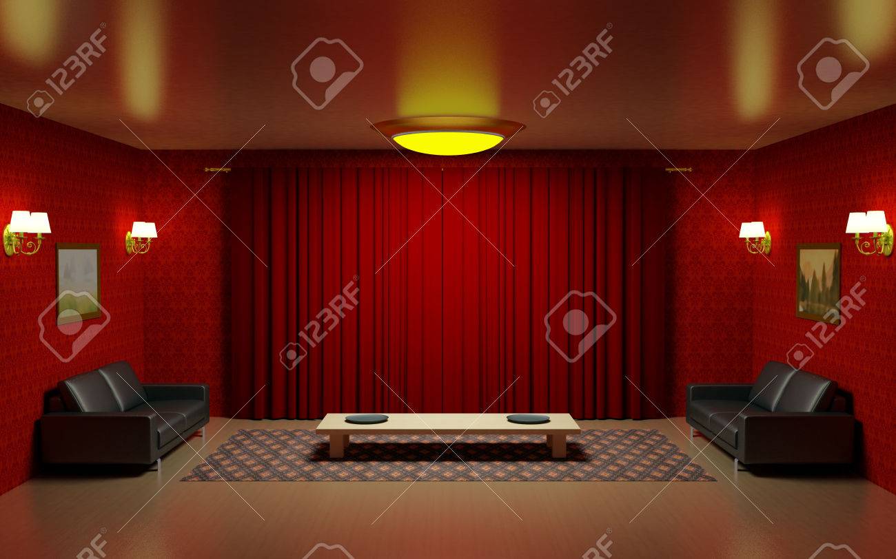Rood interieur woonkamer, twee zwarte lederen banken, houten lage ...